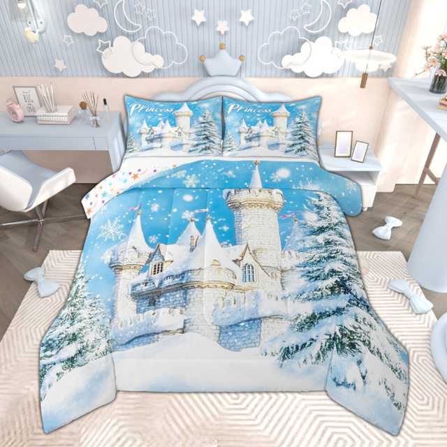 Manfei Princess Castle Full Size Comforter Sets, Winter Snow Xmas Tree Bedding Comforter Set, Cute Girls Bedding Sets, Microfiber Bedroom Decor, Reversible 3 Pieces
