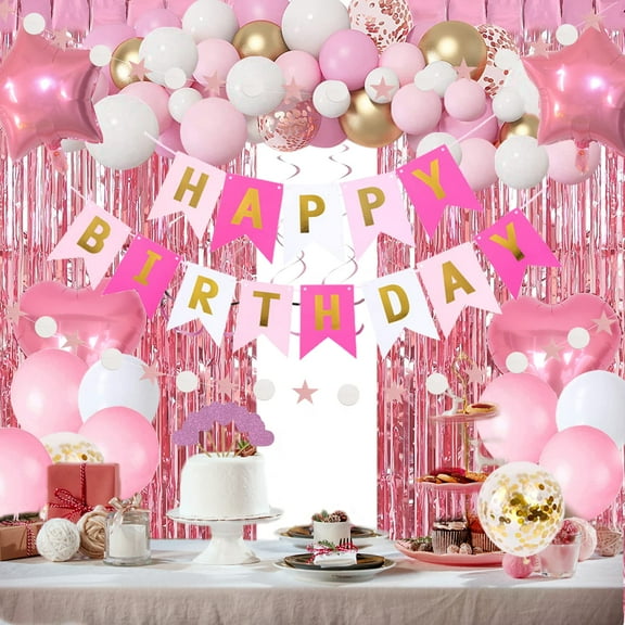 Pink Gold Birthday Party Decorations, Happy Birthday Banner, Pink Fringe Curtain, Heart Star Foil Confetti Balloons, Hanging Swirls for Women Birthday