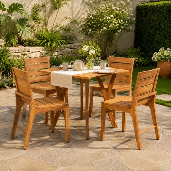 Dokea Patio Furniture Sets 5 Piece Acacia Wood Dining Teak Square Table 4 Slatted Back Chairs 31.5 in