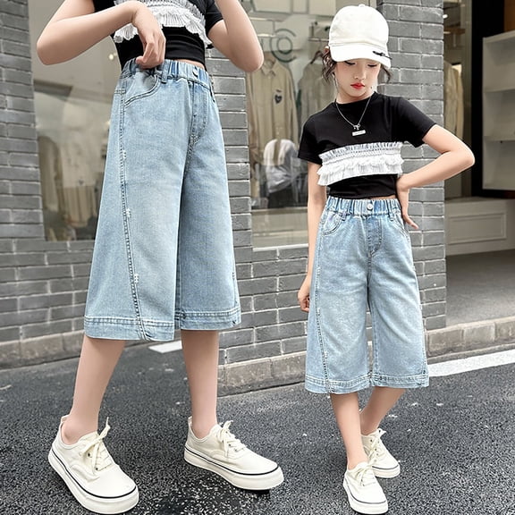 UACY Girls Y2K Cute Jean Shorts High Waist Baggy Denim Shorts Wide Leg Elastic Waist Summer