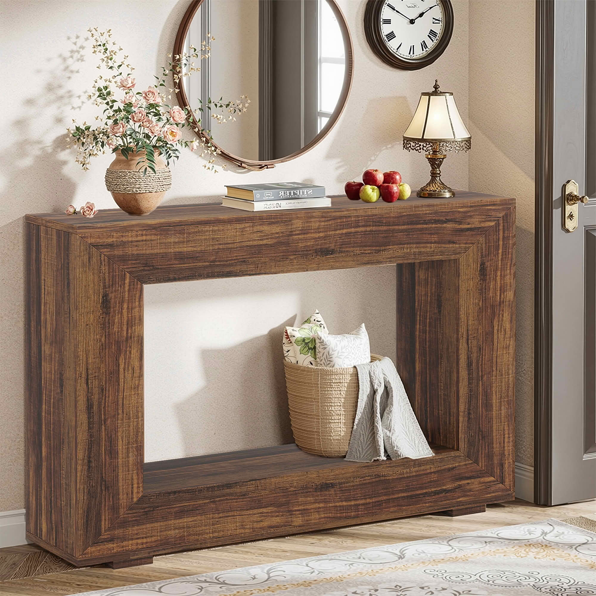 MAYEERTY 47.2" Farmhouse 2-Tier Console Table, E1 MDF Square Leg Entryway Sofa Table with Adjustable Anti-Slip Pads