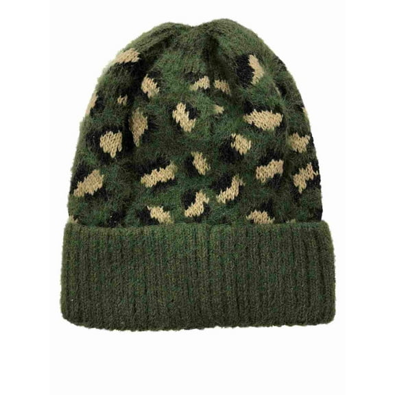 Womens Silky Soft Green Camo Leopard Print Beanie Hat Knit Stocking Cap
