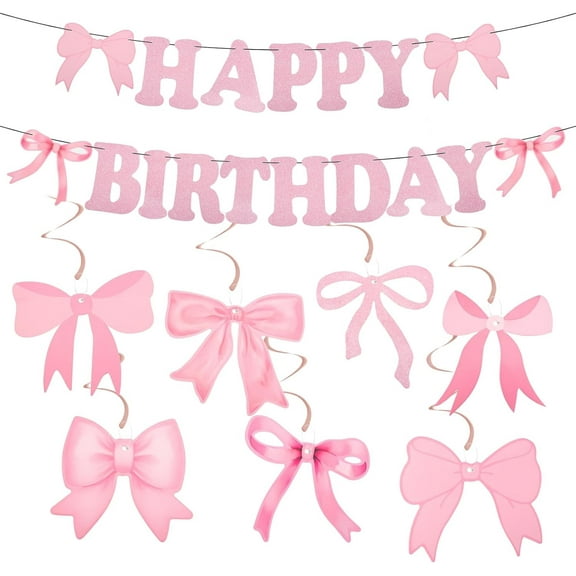 Bow Happy Birthday Banner Pink  Bow Birthday Garland Decor for Women Girls Birthday Party Decoration（Material Pack 1Set ）