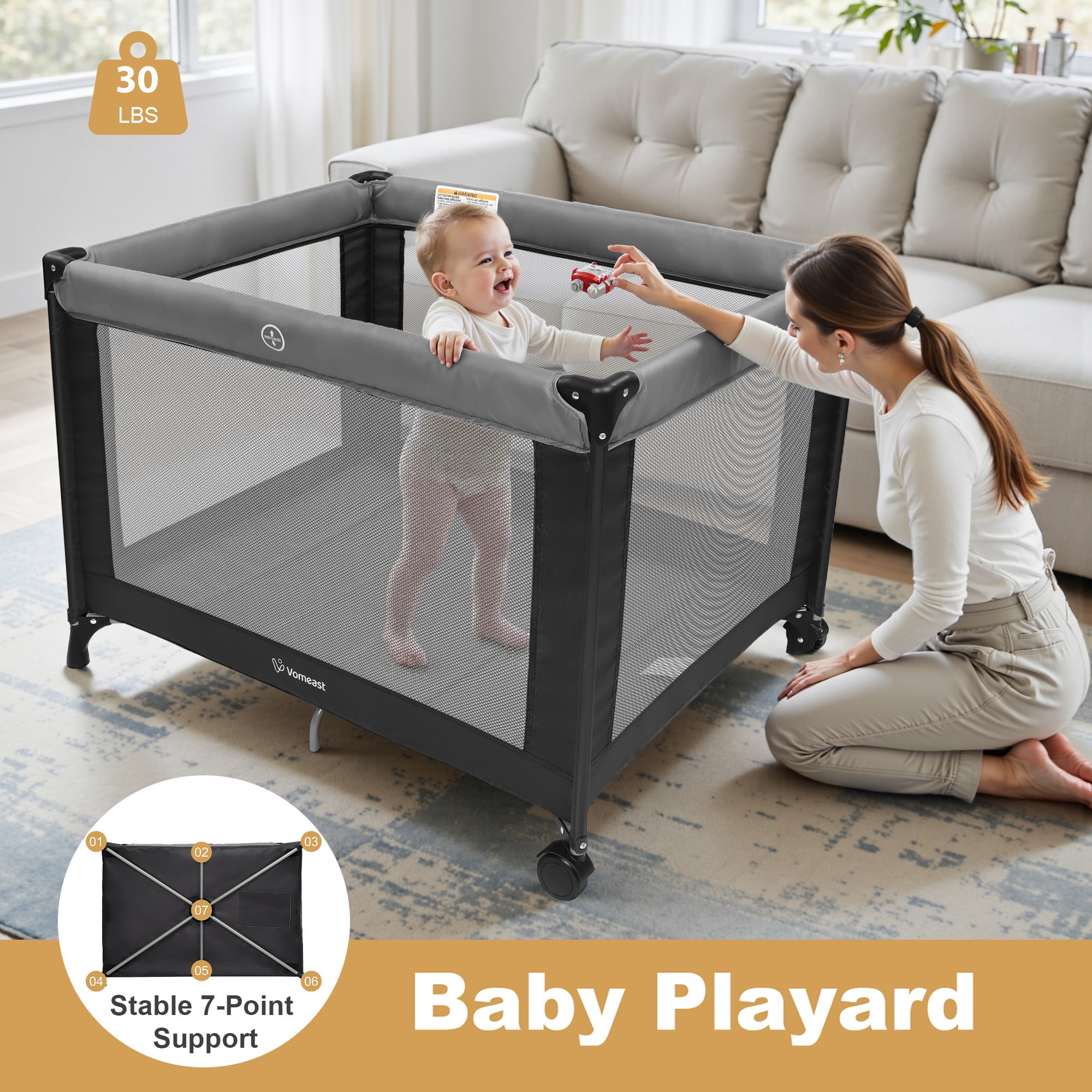 Vomeast Baby Playard Baby Bassinet,Portable Crib Pack and Play with Toy Bar,Foldable Play Yard(Grey)
