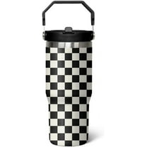 30 Oz Black and white Checkered FlipTumbler with Handle Lid and Straw, Checkered Tumbler Water Bottle Travel Coffee Cup Mug,Checkered Gifts for Women Men