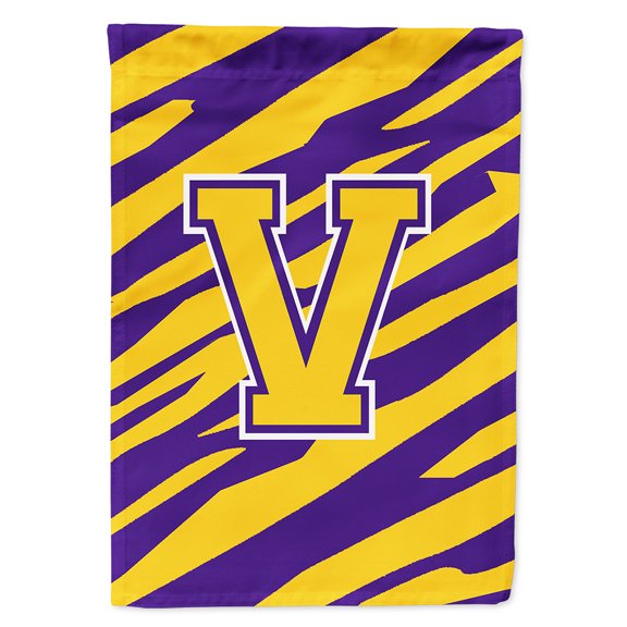 Monogram - Tiger Stripe - Purple Gold Letter V Monogram Initial Flag House Size