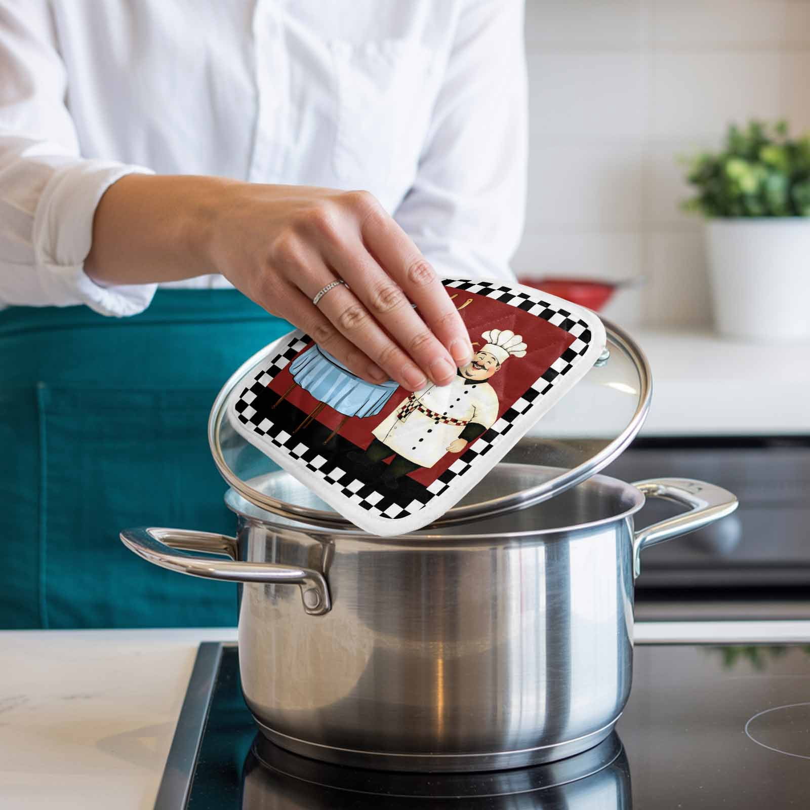 Chef Pot Holders for Kitchen Heatproof Potholder, 5 Pack Cartoon Red Food Cooking Black White Buffalo Check Hot Pads Multipurpose Oven Pads Cloth Potholders Trivet for Cooking Baking