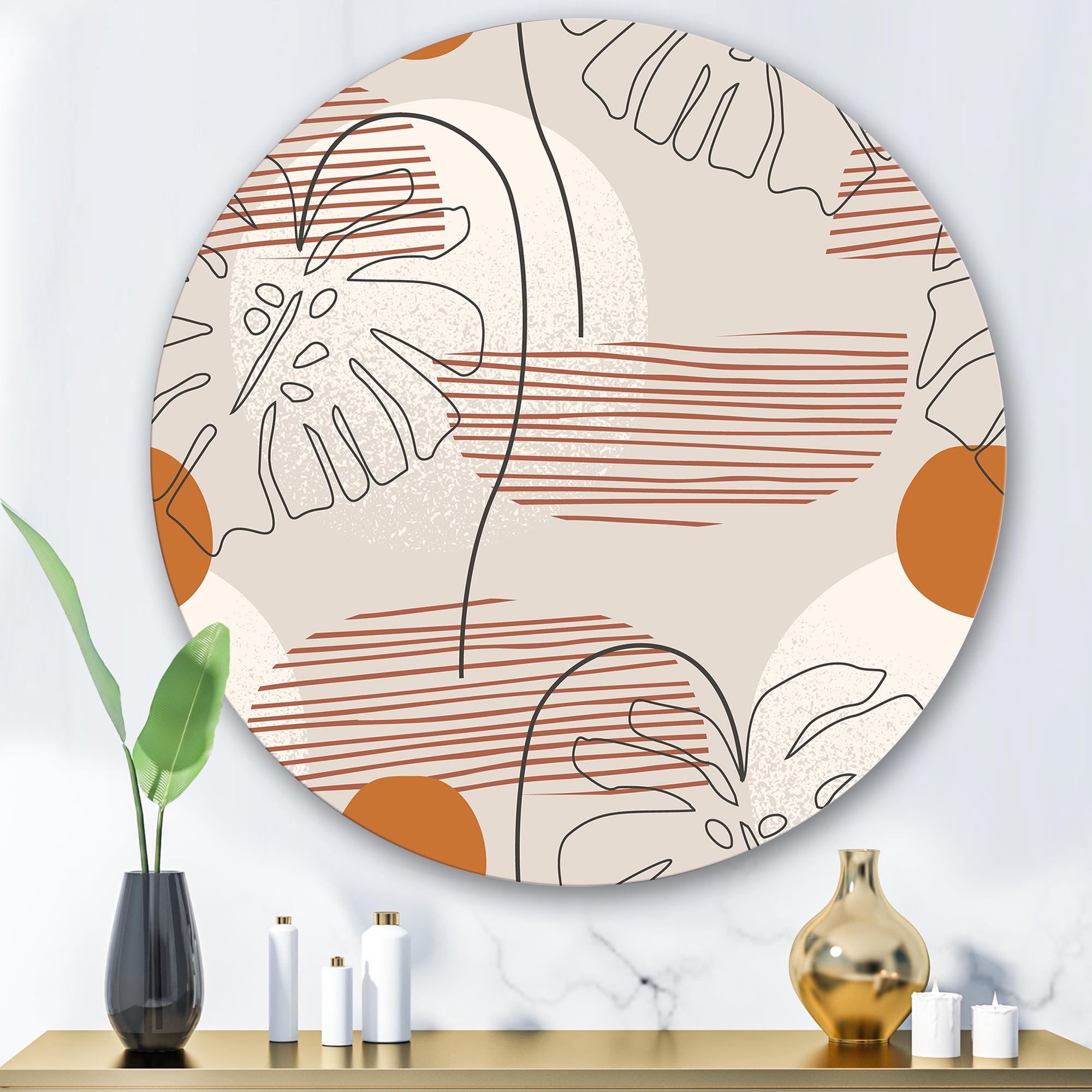 Designart 'Abstract Monstera Leaf and One Line Art Shapes' Modern Circle Metal Wall Art 29x29 - Disc of 29