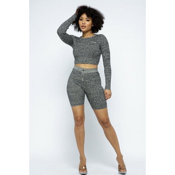 Knit Long Sleeve Cropped Top Knit High-waist Biker Shorts Set