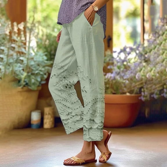 Women's Casual Pants Women'S Floral Embroidered Lace Printed Loose Pocket Patchwork Casual Pants,Green Women's Casual Pants XXL
