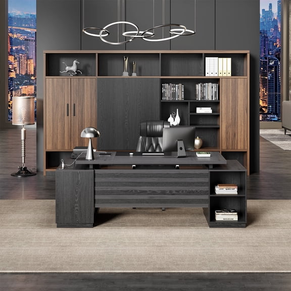 L Shaped Desk with Drawers for Home, 78-Inch Executive Office Desk with Power Outlet, Large Home Office Desks with Open Shelf and Storage Cabinet for Home, Grey Black