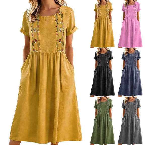 XUNKUSGA Summer Dress Fashion Floral Embroidered Traditional Womens Dresses Soft Cotton Linen Crewneck Short Sleeve Boho Dresses for Party Vocation,Yellow,S