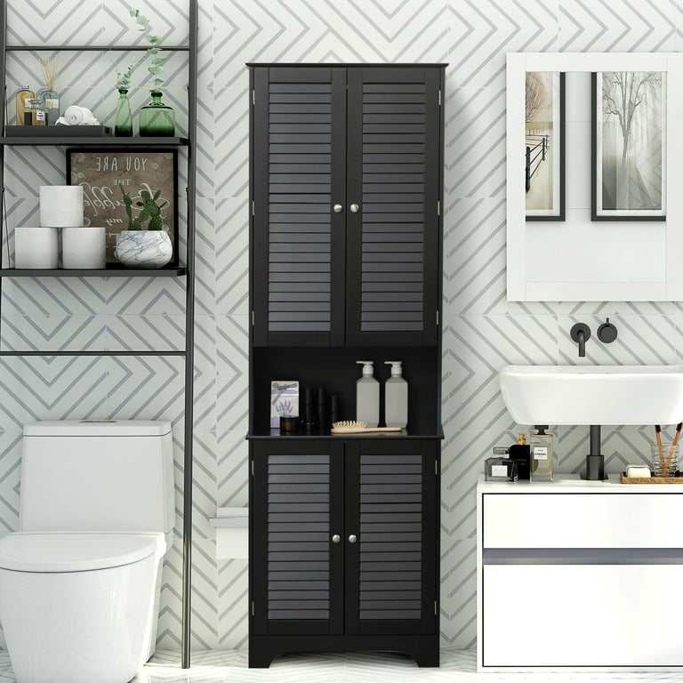 HOMCOM Tall Bathroom Storage Cabinet with Countertop, Linen Cabinet, Black