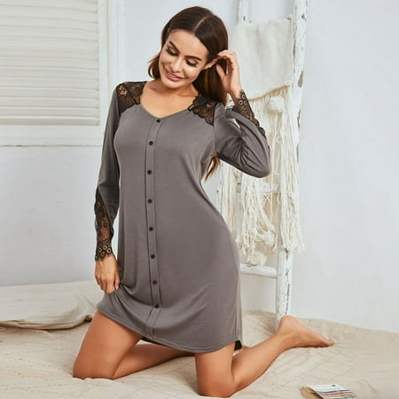 

Spree Women s Nightgown Long Sleeve Lace Stitching Chemise Sleep Nightshirt Button Decor Sleepwear Plus Size Pajama Dress