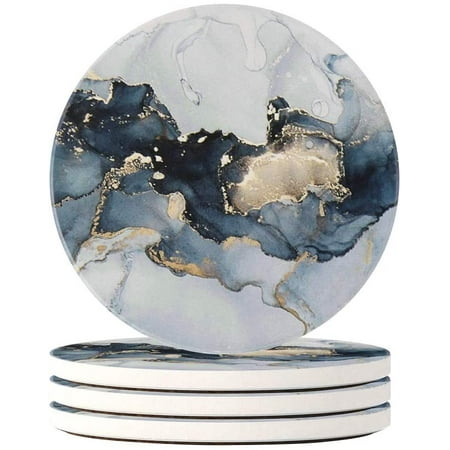 

4 Piece Round Drink Coasters - Absorbent Stone Coaster Set with Cork Base and Ceramic Stone