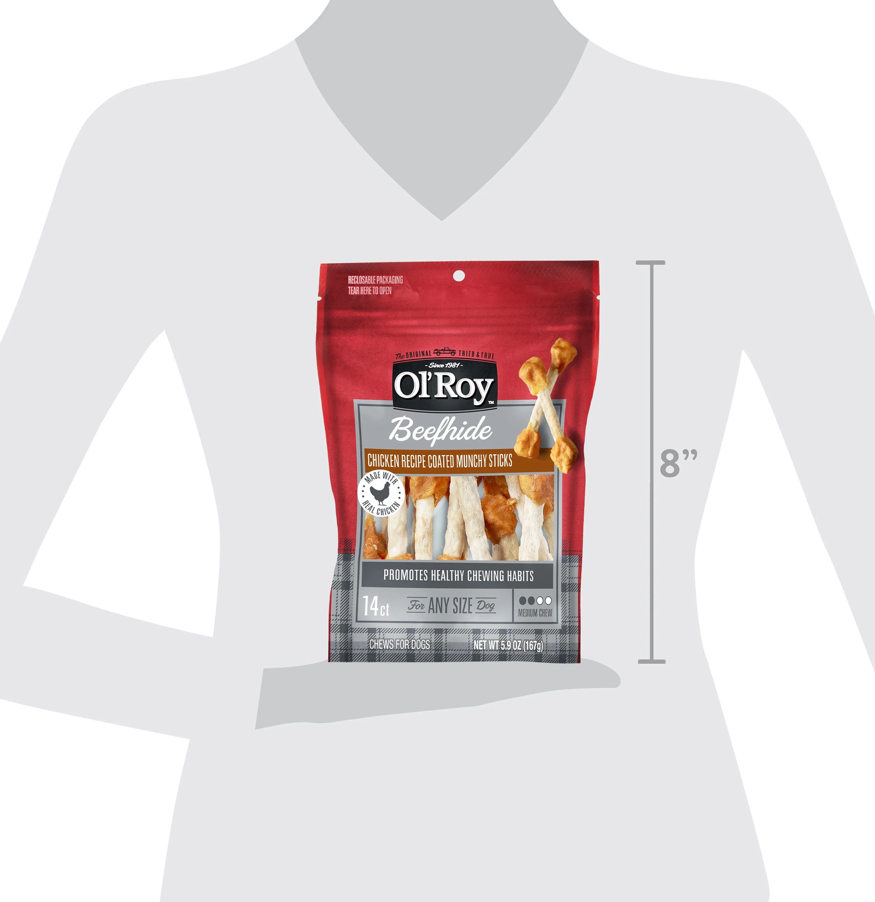 (3 pack) Ol' Roy Beef hide Coated Munchy Sticks, Chicken Recipe, Dry Training Treats for Dogs, 5.9 oz, 14 Count Bag