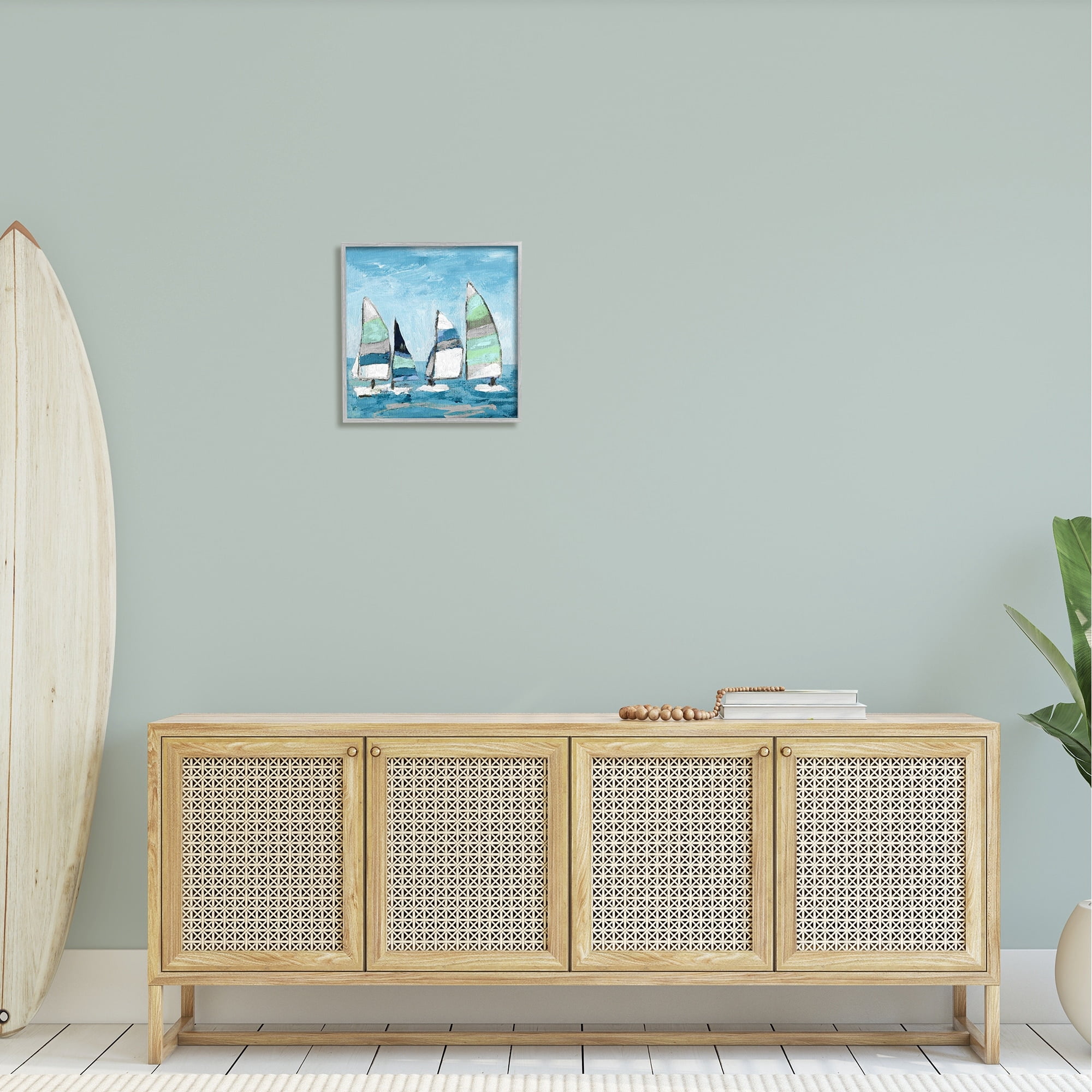 Stupell Industries Floating Striped Sailboats Clear Blue Sky Painting Painting Gray Framed Art Print Wall Art, Design by Katrina Craven