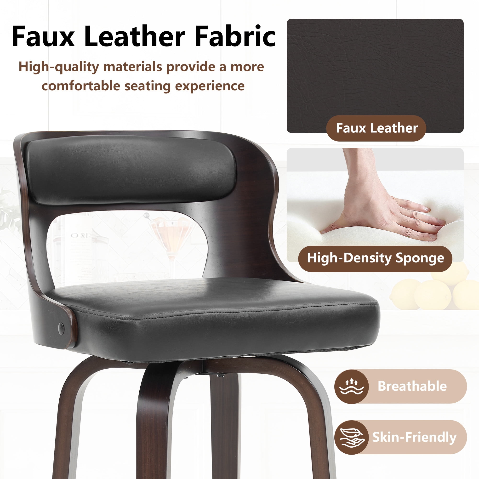 ClinQ 26 inch Swivel Bar Stools Set of 4, Counter Height Bar Chairs with Walnut Legs and Silver Ring Footrest, Upholstered Faux Leather, Black