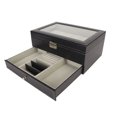 thumbnail image 1 of Caja organizadora de almacenamiento de reloj con cerradura de cuero PU con 12 ranuras, vitrina de joyería negra de 2 niveles con tapa de vidrio, 1 of 14