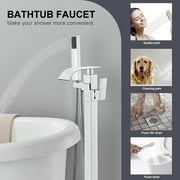Chrome Floor Mounted Bathtub Faucet Free Standing Tub Filler W/Hand Sprayer