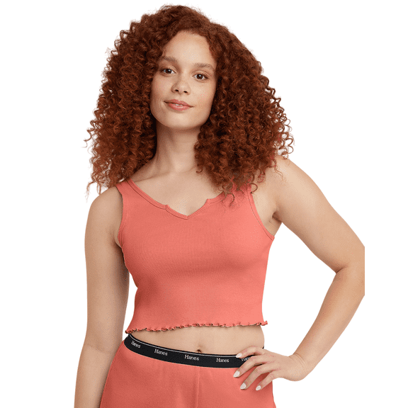 Hanes Originals Womens Rib Cropped Tank Top with Lettuce Edge Trim
