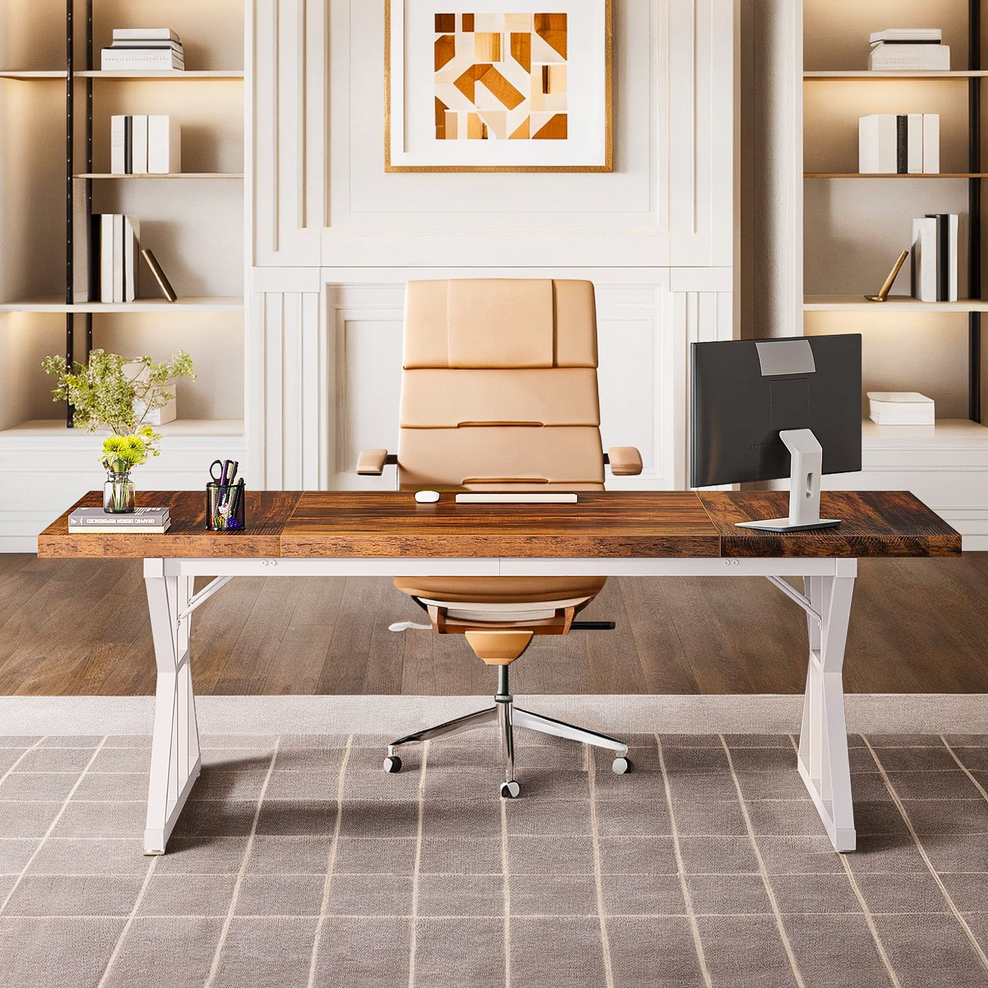 Demi Bonn 71" Farmhouse Dining Table, Wood Rustic Kitchen Table for 6 People, Large Rectangular Dinner Table for Dining Room, Home Office, Living Room Furniture, Brown & White