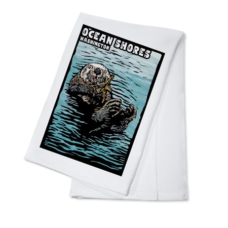 Washington Set - Ocean Shores, Washington - Sea Otter - Scratchboard - Lantern Press Poster (100% Cotton Kitchen Towel)