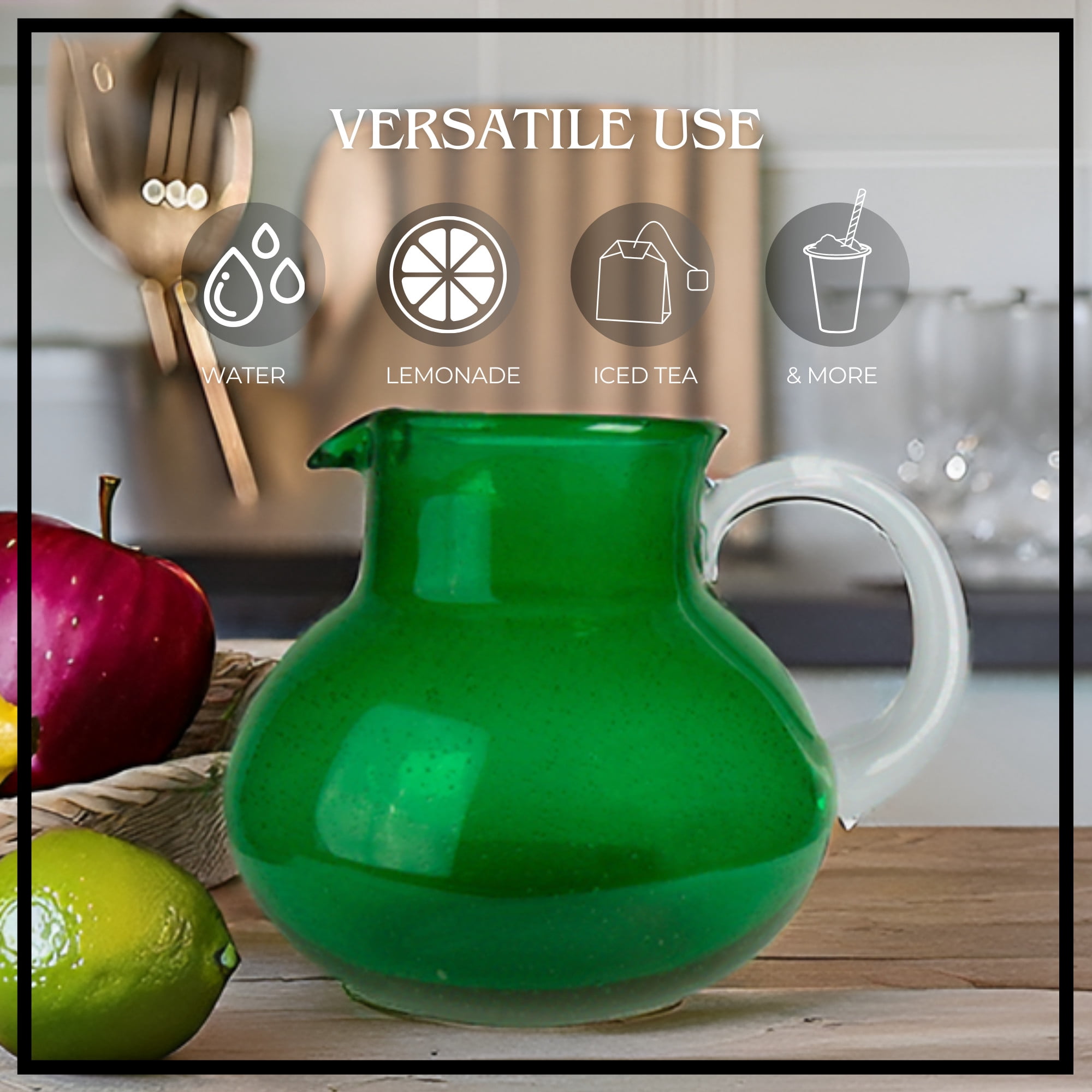 Artland Iris 90 Oz Handblown Glass Pitcher - Bubble Shape, Lead-Free - Versatile Drink Dispenser for Water, Juice, Cocktails - Enhanced Kitchen Decor, Dishwasher Safe (Green)