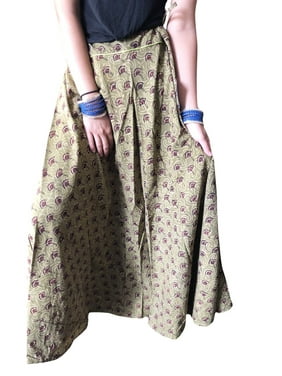 Women Maxi Skirt, Beige Green Printed Floral Gypsy Skirt, Casual Summer Bohemian Long Skirts S/M