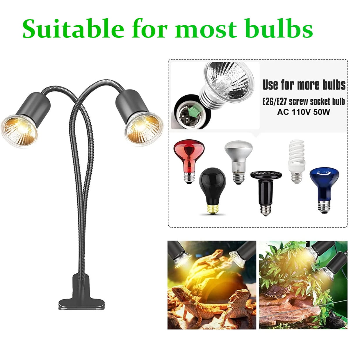 Reptile Heat Lamp with Dual UVA UVB, 360° Dimmable Heating Light for Turtle Tank, Bearded Dragon, Lizard, Snake and Other Reptiles,with 2 bulbs