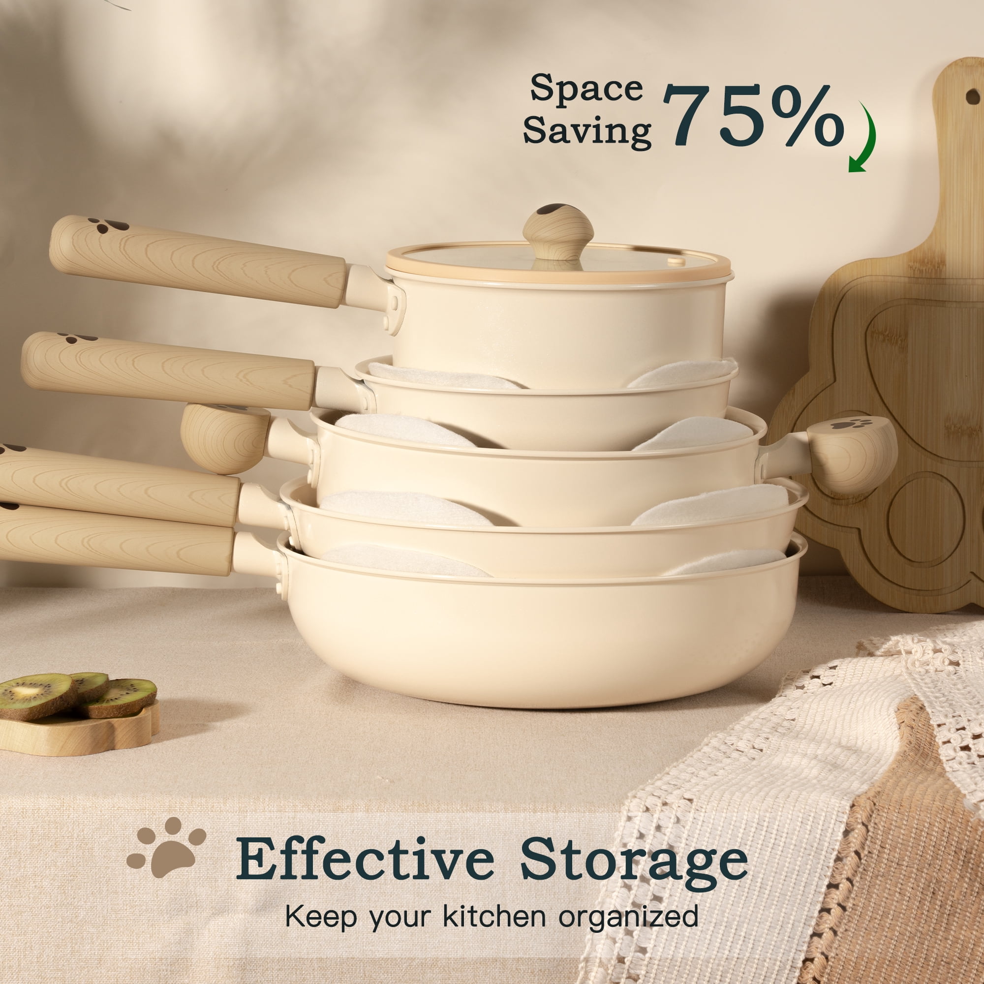 Astercook 17-Piece Ceramic Cookware Set with Dog Paw Wooden Handles, Nonstick Pots and Pans Set for Home & Camping, Induction Compatible and Dishwasher Safe, Perfect Gift for Pet Lovers & Families