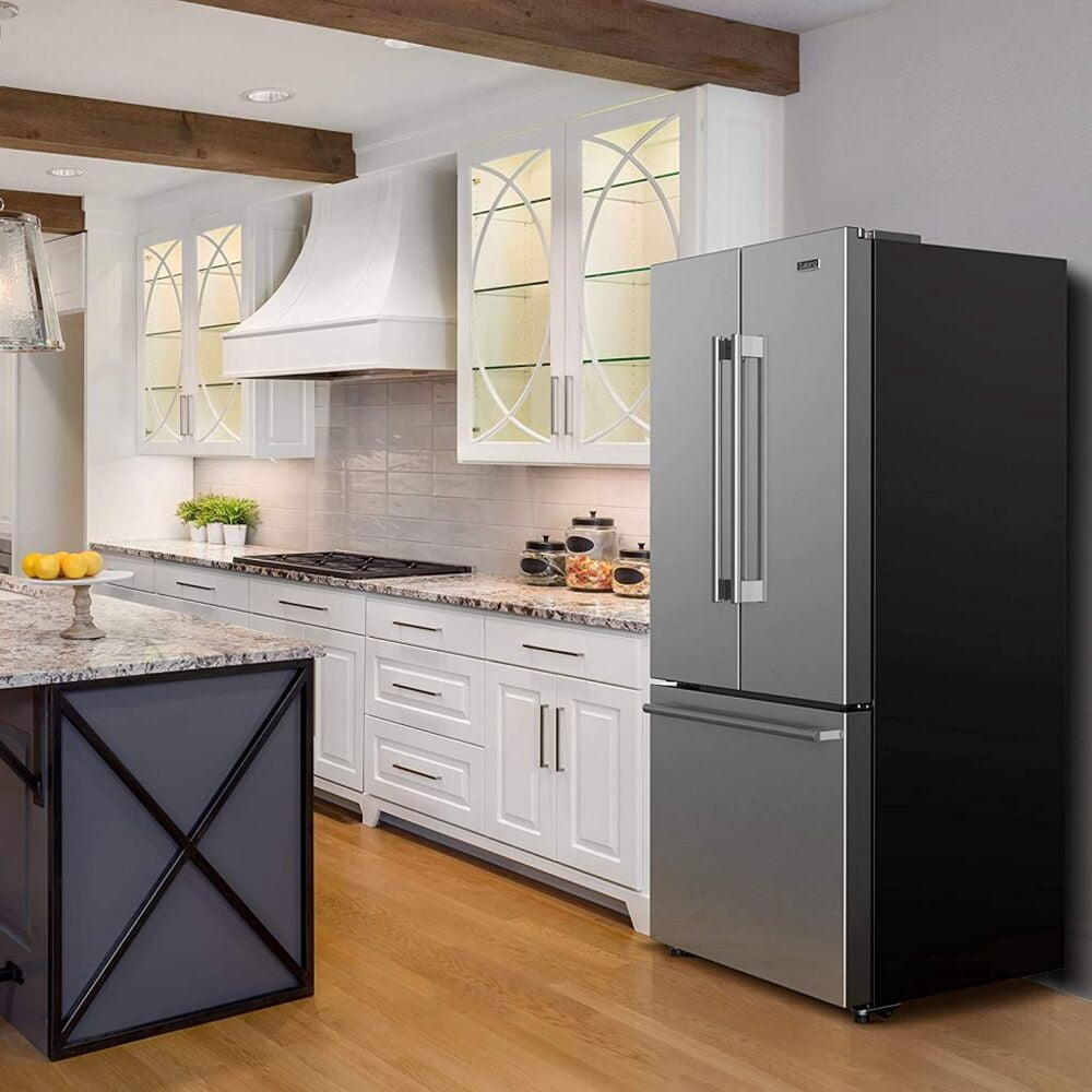 Galanz 16 Cu. ft. 3-Door French Door Refrigerator with Ice Maker, Stainless Steel, 28.35"W Condition, New