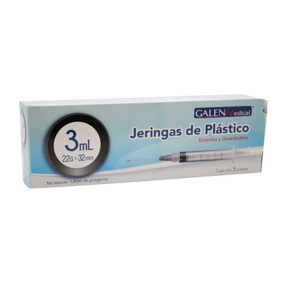 Jeringas Galen Medical estériles y desechables de plástico 3 ml 22 G X 32 mm caja con 5 pzas
