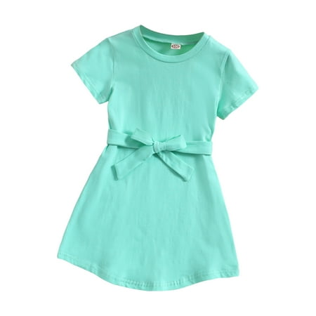 

ZRBYWB Girls Dresses Child Shoert Sleeve Solid Bow Tie Summer Beach Sundress Party Dresses Princess Dress Baby Girl Clothes