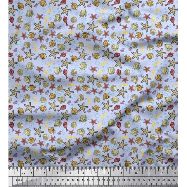 Soimoi Rayon Fabric Seashell,Starfish & Sea Horse Ocean Print Sewing Fabric Yard 42 Inch Wide