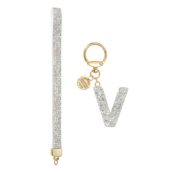 Initial Letter Keychain for Women, Rhinestone Alphabet V Key Chain Sparkly Keychain Charm with Heart for Backpack Handbag Car Key Accessories Lanyard, White