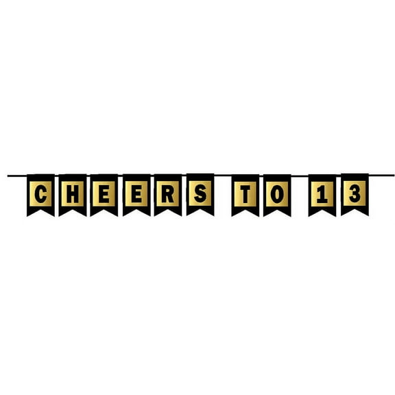 Cheers 13th Brithday Anniversary Black & Mettalic Gold Handing Party Wall Decoration Bunting Banner