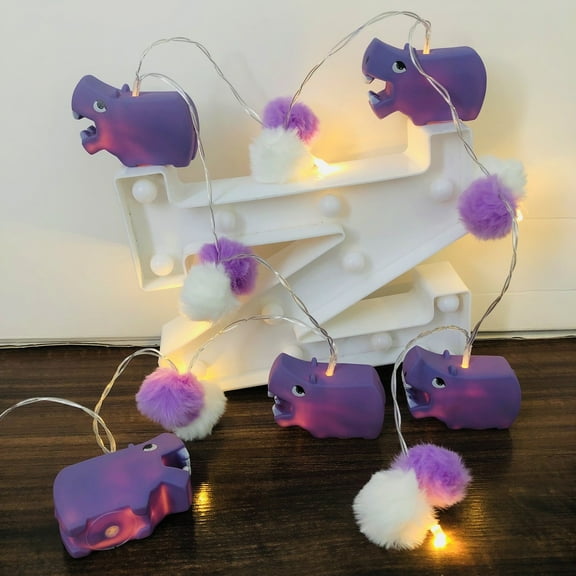 Purple Hippo Pom Poms LED String Lights Battery-Operated Indoor Bedroom Hippo Theme Fairy Lights