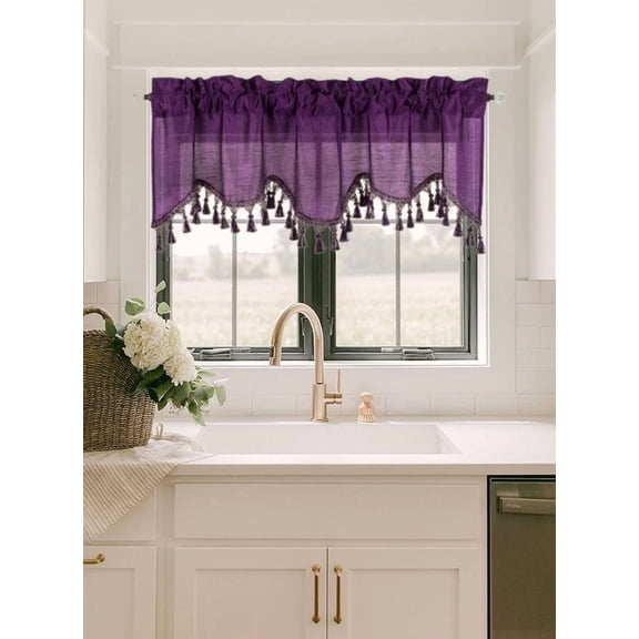 Gorgeous Home Linen 1Pc Wave Purple Waterfall Valance with Tassels Faux Silk Rod Pocket Semi Sheer Dressing Window 55" wide X 18" long for kitchen décor