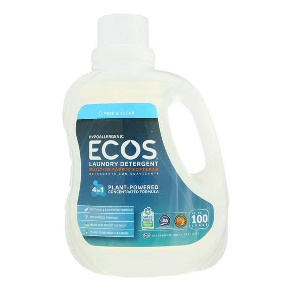 Earth Friendly Products Ecos 2X Liquid Laundry Detergent Free & Clear, 100 Fl Oz (Pack of 4)