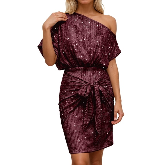 HNMKIU Elegant One Shoulder Sequin Party Dresses for Women with Ruffle Detail Formal Evening Gown RD3，L