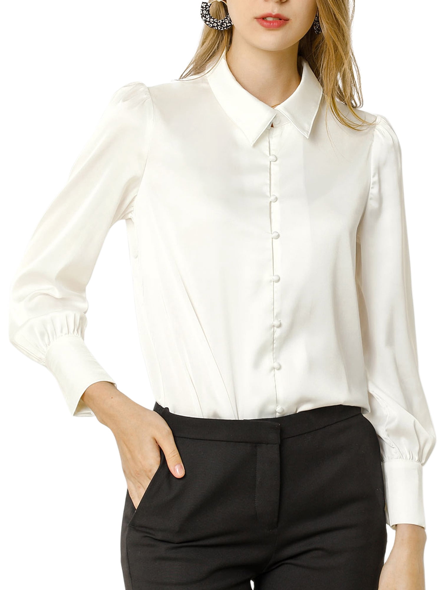 DARING DIVA Women's Satin Blouse Puff Long Sleeve Collared Button Down Shirt S White