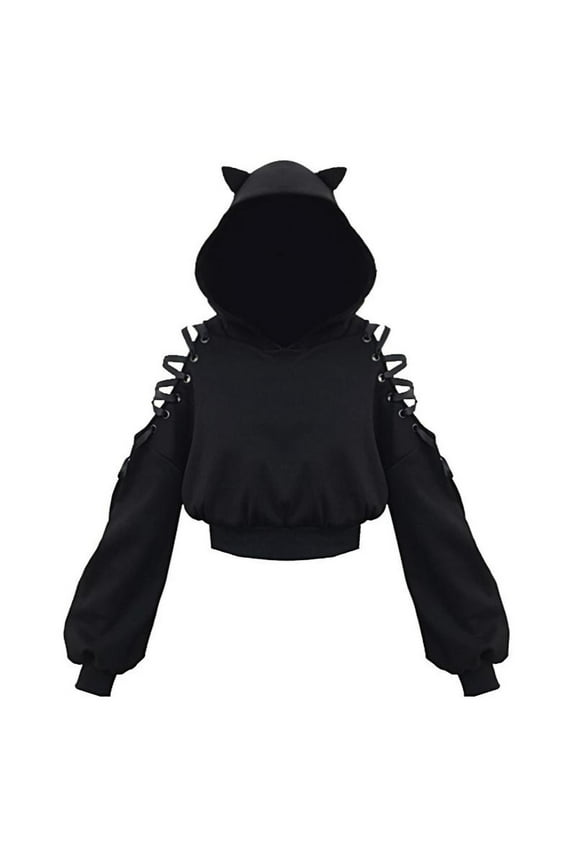 Long Sleeve Tops for Women Women Teen Girls Cute Cat Ear Crop Top Hoodie Off Shoulder Hollow Out Long Sleeve Black Punk Goth Sweatshirts