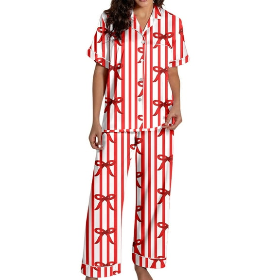 Christmas Pajamas for Women Set Womens Silk Pajamas Set Short Sleeve Button Down Pjs with Pajamas Pants Christmas Womens Loungewear