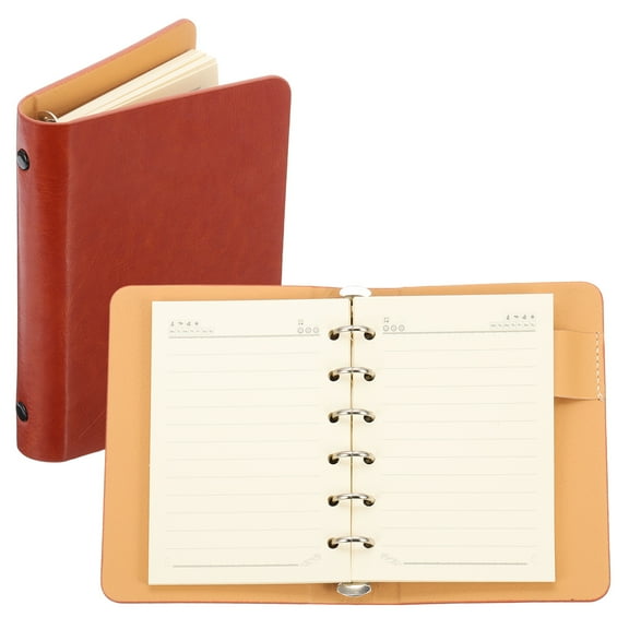 6 Ring Binder Cover, A7 Leather Notebook Binder Mini Refillable Loose Leaf Personal Planner with 50 Sheets Line Paper, Orange