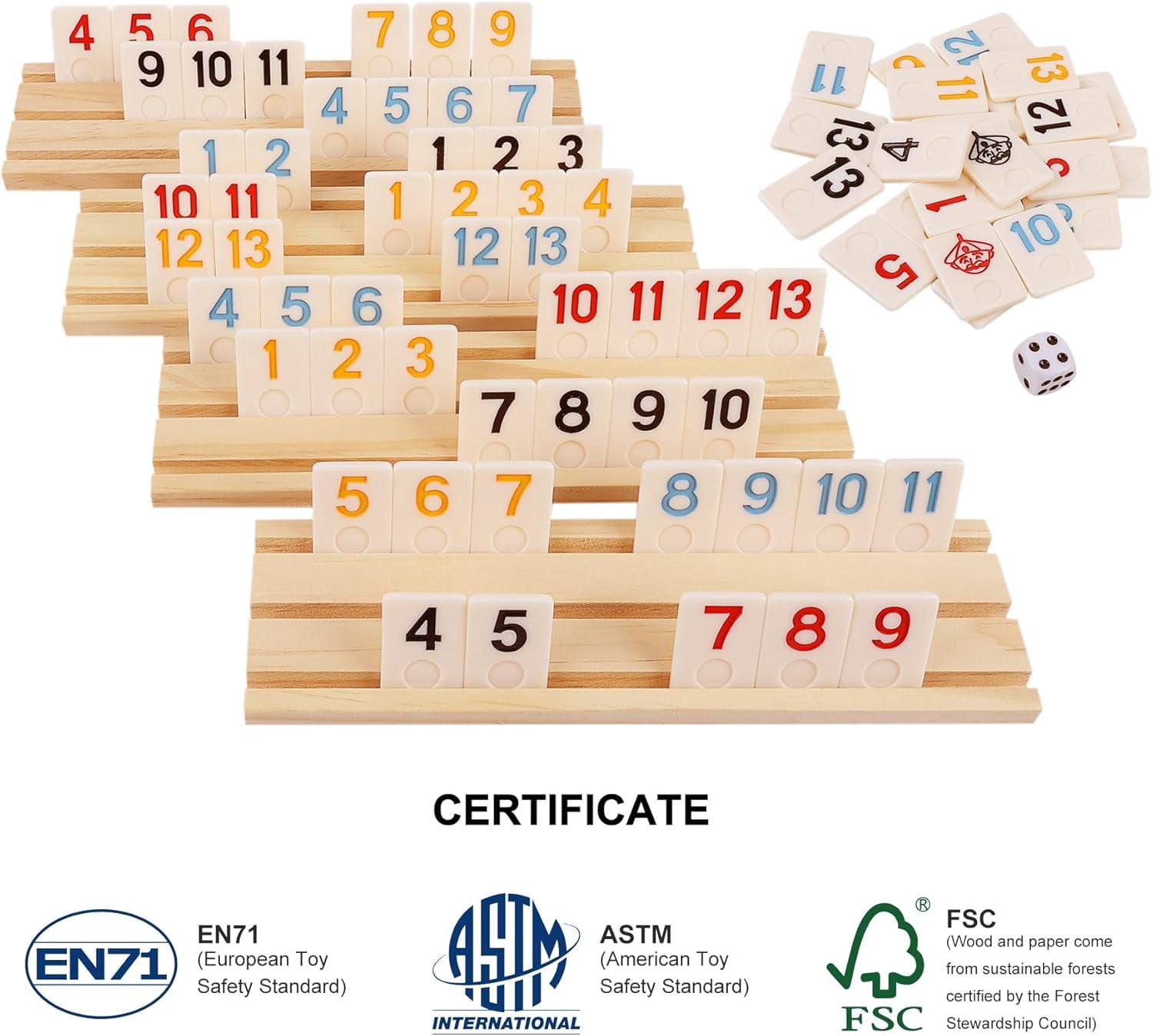Rummy Cube Game Set with 106 Large Number Tiles, 4 Wooden Racks, for 2-4 Players