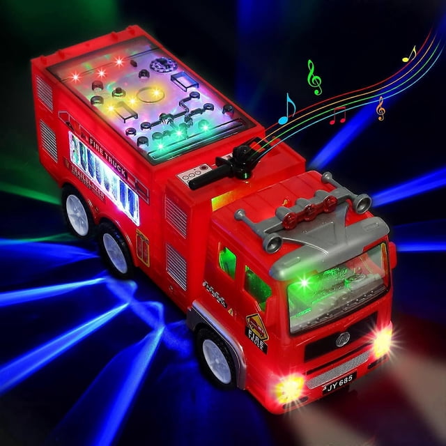 Camión de bomberos de juguete 4D iluminado: camión de bomberos eléctrico de rescate con luces y sonidos, vehículo de emergencia educativo con iluminación LED, regalo de cumpleaños
