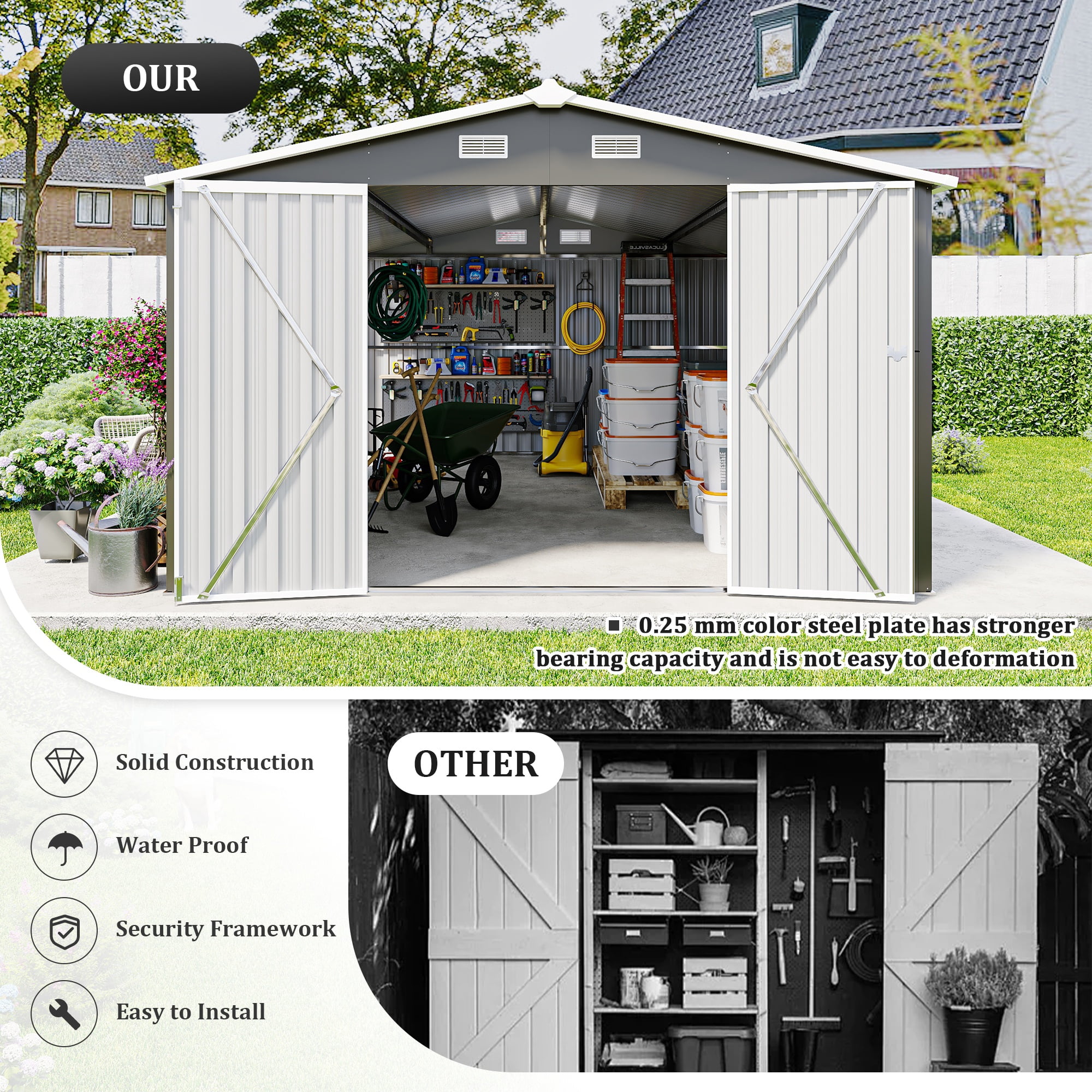 10 x 14 FT Outdoor Storage Shed, Large Metal Storage Sheds with 3 Lockable Door and 4 Air Vent, Surface Protective Film, Garden Tool Shed for Bicycles, Tools, Lawnmowers, Backyards, Patios, Lawns
