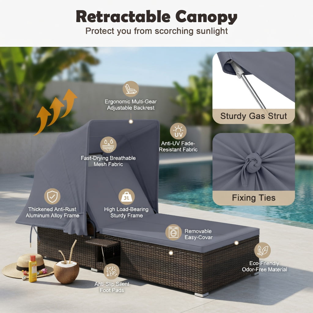 Hommoo Double Chaise Lounge with Adjustable Backrest, Retractable Canopy & Folding Side Tables, PE Rattan Outdoor Patio Lounger for 2, Gray