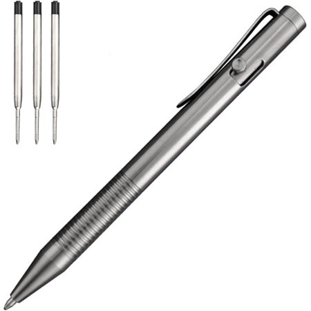 Cool Hand 4.8'' Titanium Alloy Bolt Action Pen, Ballpoint Ink Refillable, Stainless Steel Pocket Clip EDC Business Collection Stylus, with 3 Free Refills, Silver
